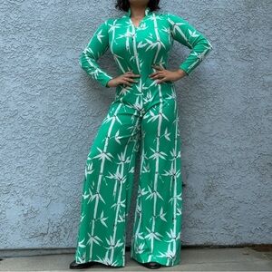 1970s Seafoam Green Bamboo Print Disco Jumpsuit